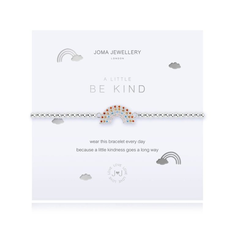 A silver plated stretch bracelet with a lovely colourful rainbow charm, from jewellery designer Joma. The bracelet is presented on a square card with the wording A Little Be Kind printed on it.