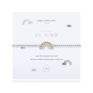A silver plated stretch bracelet with a lovely colourful rainbow charm, from jewellery designer Joma. The bracelet is presented on a square card with the wording A Little Be Kind printed on it.
