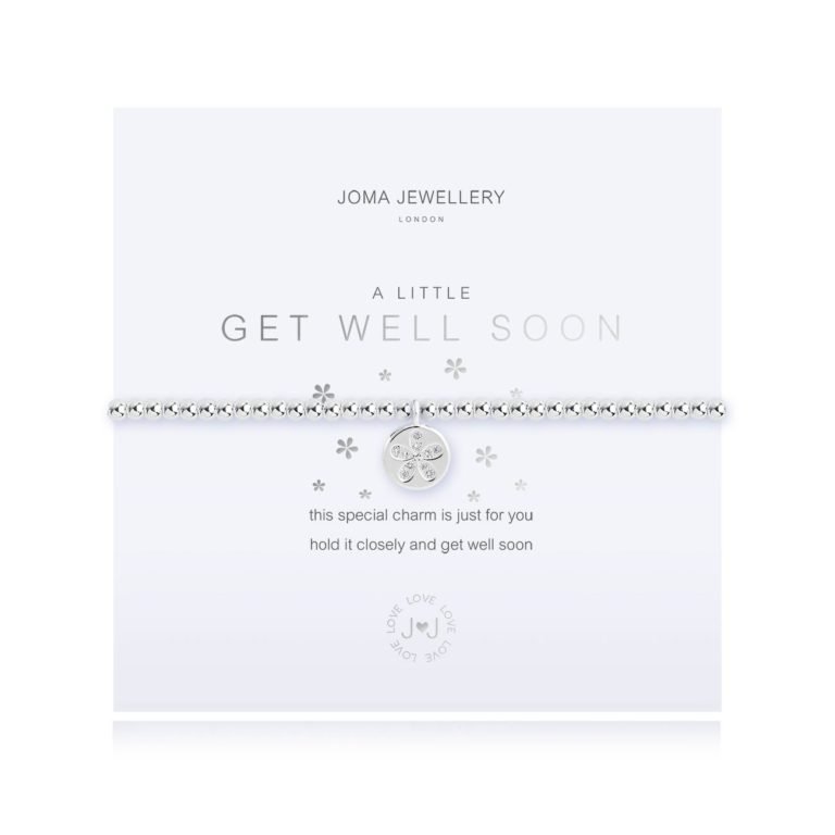 A silver plated stretch bracelet with a disc charm with a little flower on it. The bracelet is held on a card with the wording 'a Little Get Well Soon' printed on it.