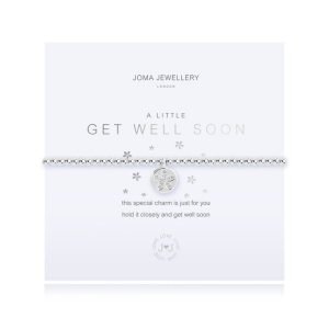 A silver plated stretch bracelet with a disc charm with a little flower on it. The bracelet is held on a card with the wording 'a Little Get Well Soon' printed on it.