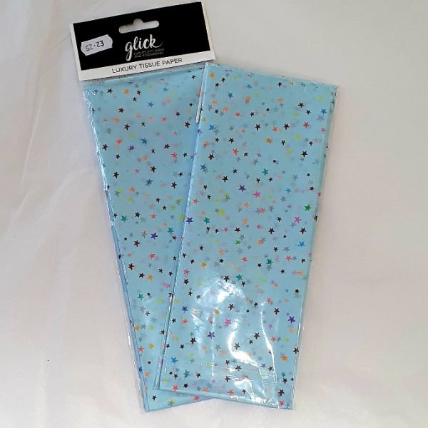 A pack of 4 sheets of blue tissue paper with multi coloured stars. For gift wrapping