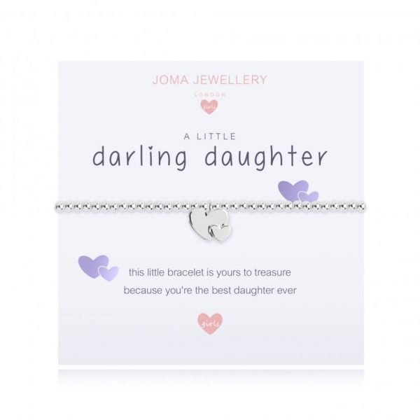 A children's elasticated silver plated beaded bracelet on a white card from Joma jewellery. The bracelet has a silver double heart charm and the card reads Darling Daughter - this little bracelet is yours to treasure because you're the best daughter ever. Comes with a gift card for your own message and wrapped in a gift bag tied with a satin ribbon