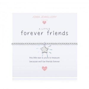 A children's elasticated silver plated beaded bracelet on a white card from Joma jewellery. The bracelet has a silver star charm and the card reads Forever Friends - this little star is yours to treasure because we'll be friends forever. Comes with a gift card for your own message and wrapped in a gift bag tied with a satin ribbon