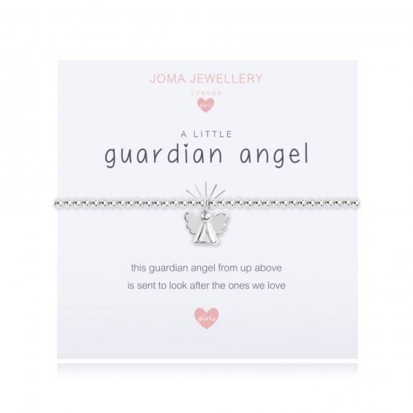 A children's elasticated silver plated beaded bracelet on a white card from Joma jewellery. The bracelet has a silver guardian angel charm and the card reads Guardian Angel - this guardian angel from up above is sent to look after the ones we love. Comes with a gift card for your own message and wrapped in a gift bag tied with a satin ribbon