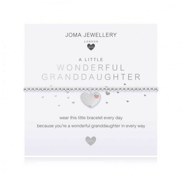 A children's elasticated silver plated beaded bracelet on a white card from Joma jewellery. The bracelet has a silver and rose gold heart charm and the card reads Wonderful Granddaughter - wear this little bracelet every day because you're a wonderful granddaughter in every way. Comes with a gift card for your own message and wrapped in a gift bag tied with a satin ribbon
