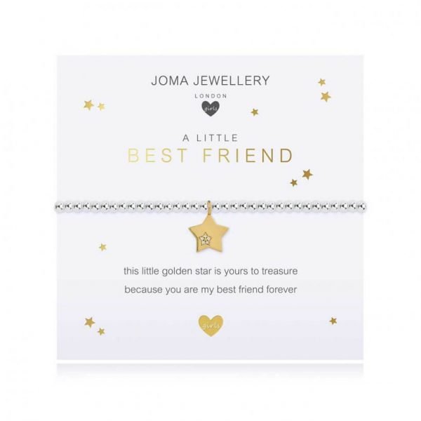 A children's elasticated silver plated beaded bracelet on a white card from Joma jewellery. The bracelet has a gold star charm set with a little crystal star and the card reads Best Friend - this little golden star is yours to treasure because you are my best friend forever. Comes with a gift card for your own message and wrapped in a gift bag tied with a satin ribbon