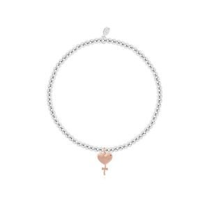 A silver plated elasticated bracelet with a gold plated heart balloon charm on a square sentiment card with the words A Little Special Birthday Girl'. The card has a gold heart balloon design on it and is a smaller size thatn the standard bracelets so is perfect for a child. From jewellery company Joma.