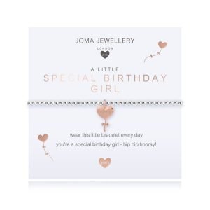 A silver plated elasticated bracelet with a gold plated heart balloon charm on a square sentiment card with the words A Little Special Birthday Girl'. The card has a gold heart balloon design on it and is a smaller size thatn the standard bracelets so is perfect for a child. From jewellery company Joma.
