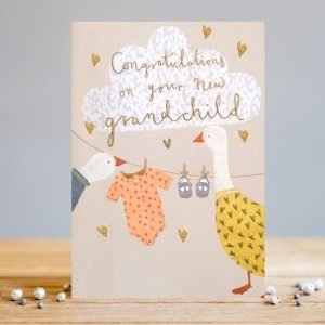 A cute card from Louise Tiler with an image of baby clothes hanging on a washing line with little hearts around it. There are 2 gees looking at the clothing and a large white cloud is above the washing line. The words 'Congratulations on your new Grandchild' are embossed gold foiled and printed on the cloud.