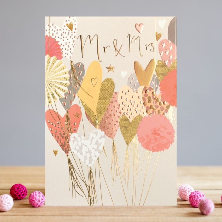 A card from Louise Tiler which is covered in colourful balloons with the words Mr & Mrs embossed foiled and printed on it.