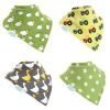 A boxed set of 4 dribble bibs, each bib has a different farmyard design. There's a green bib with little sheep, a yellow bib with colourful tractors, a dark grey bib with geese and a green bib with white spots