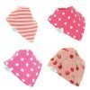 A boxed set of four pink dribble bibs, all with a different patter. Stripes, spots, stars and cherries