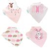 A set of 4 cotton dribble bibs in pinks with cute animal patterns with sheep, bunny rabbits and hippos.