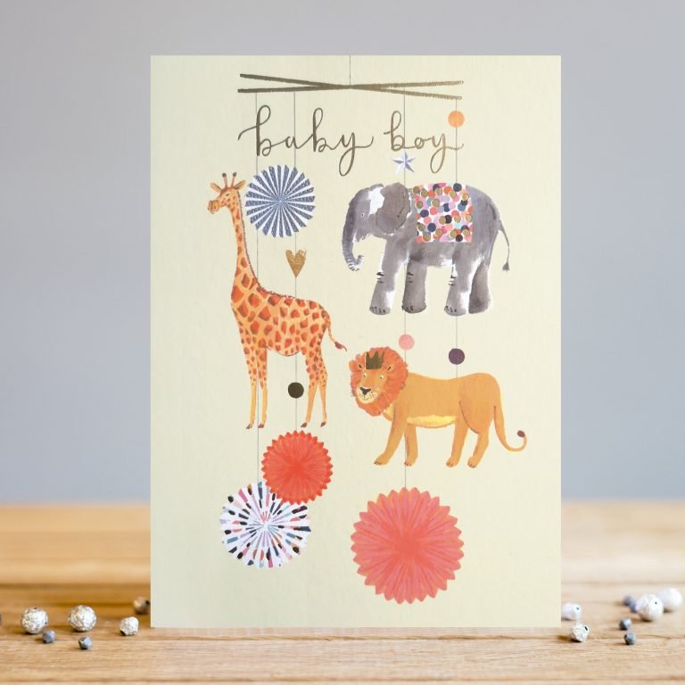 A sweet card from Louise Tiler card designer. The image is of a hanging mobile with jungle animals on it and the words Baby Boy printed on it.