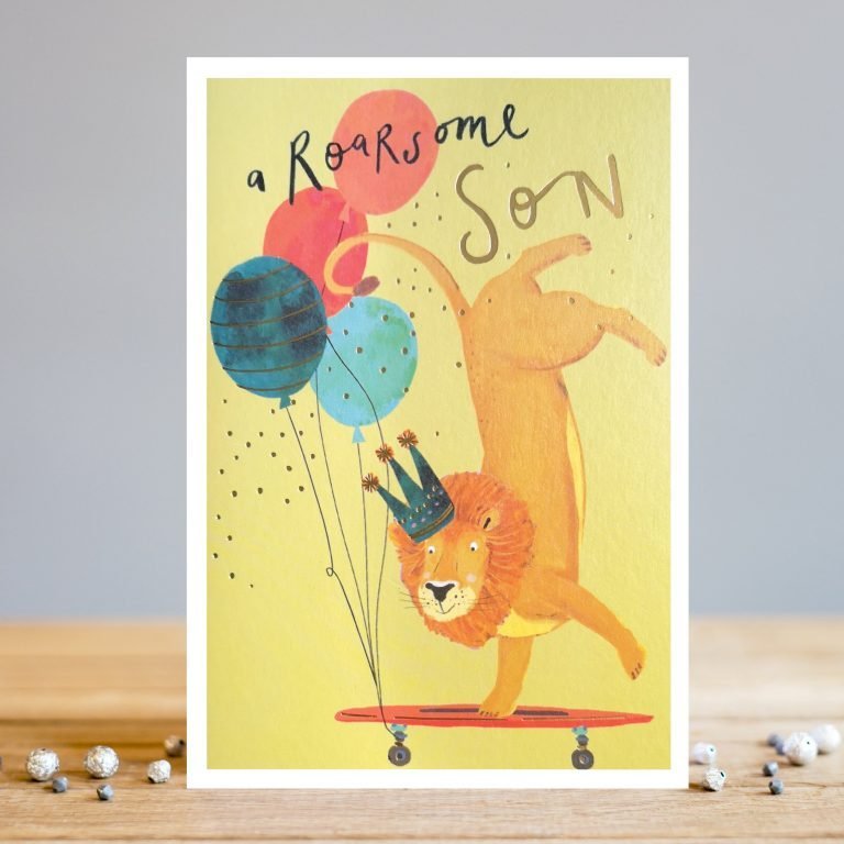 A fun and cute birthday card to give to a roarsome son. The image has a lion wearing a crown on a skateboard which has a bunch of balloons attached to it.