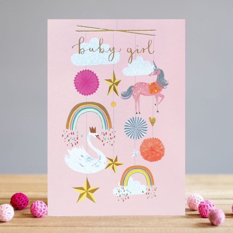 A sweet card from Louise Tiler card designer. The image is of a hanging mobile with rainbows stars and a unicorn on it and the words Baby Girl printed on it.
