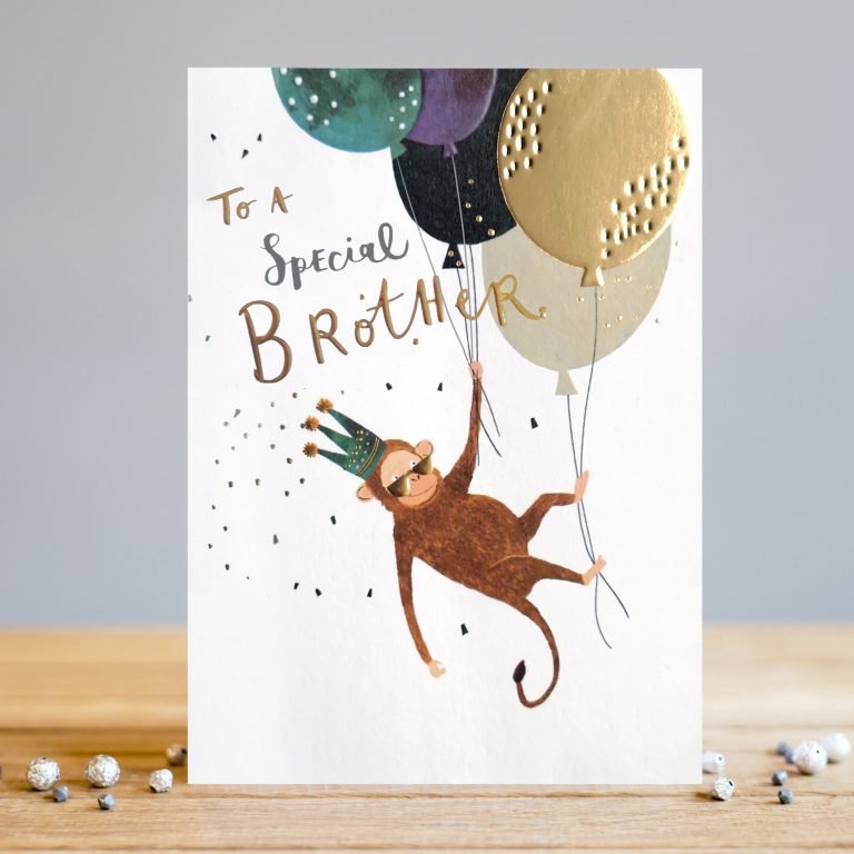 A cute card to give to your brother on his birthday. The card has an image of a monkey being lifted off the ground by balloons with the words To a Special Brother printed on it.