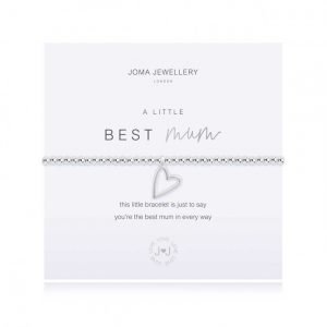 A silver plated elasticated bracelet with round beads and a silver heart pendant. From Joma Jewellery A little range. Presented on a white card with silver BEST Mum and a sentiment that reads this little bracelet is just to say you're the best mum in every way