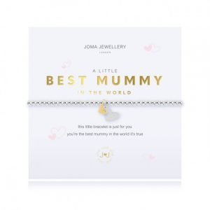 A silver plated elasticated bracelet with round beads and a gold and silver heart pendant. The silver heart is stamped best mummy. From Joma Jewellery A little range. Presented on a white card with gold BEST MUMMY in the World and a sentiment that reads this little bracelet is just for you you're the best mummy in the world it's true