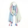 Pastel Summer Tasselled Scarf. Cream scarf with mixed polkadot prints and tassels in pastel pink and blue