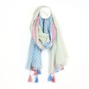 Pastel Summer Tasselled Scarf. Cream scarf with mixed polkadot prints and tassels in pastel pink and blue