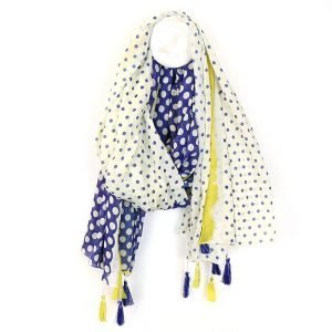 White scarf with mixed polkadot prints and tassels in blue and vibrant yellow