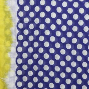 White scarf with mixed polkadot prints and tassels in blue and vibrant yellow