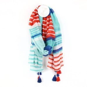 100% cotton scarf in white with multiple stripes and tassels in navy, aqua and red