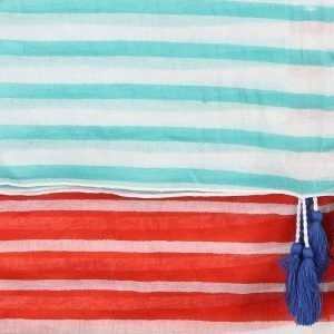 100% cotton scarf in white with multiple stripes and tassels in navy, aqua and red