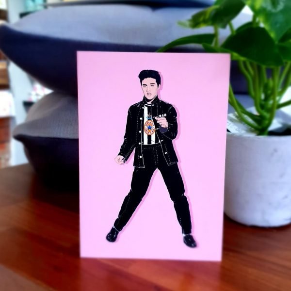 A greetings card with Elvis wearing a newcastle united shirt and striking his famous pose