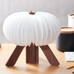 A rechargeable R light. A wooden 3D R when it's closed and a stylish lamp when open. Operable with a remote control. Charge by USB. in Walnut wood