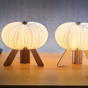 A rechargeable R light. A wooden 3D R when it's closed and a stylish lamp when open. Operable with a remote control. Charge by USB. in either Maple or Walnut wood