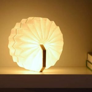 A portable rechargable lamp shaped like an accordion. With walnut wood octagonal ends and white tyvek pleated paper. pull the light to light up.