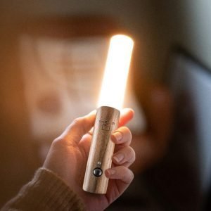 A smart frosted glass light on an adhesive wooden base that can be attached to any wall. The light detaches from the base to be used as a torch. Rechargeable and motion sensitive