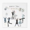 A silver wedding anniversary card with foil and embossed details. A drawing of couples dancing and a big 25 and the words Happy silver wedding