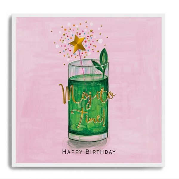 A square card with a pink background and an image of a mojito cocktail in the centre of it. The words Mojito Time are printed in copper in the cntre of the glass.