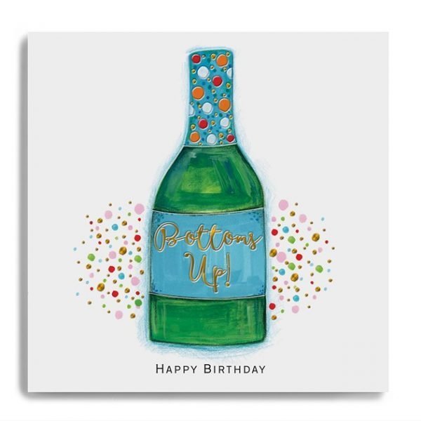 A square card with an image of a colourful bottle with colourful spots in the background and the words Bottoms Up printed in the centre of the label on the bottle.