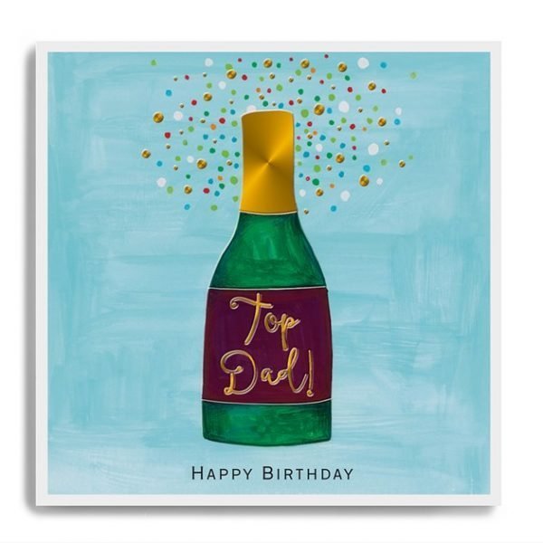 A square card with an image of a bottle of wine on a blue background and the words Top Dad printed on the label.