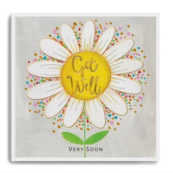 A square card with an image of a large daisy with the words Get Well Soon printed in the centre of the daisy.