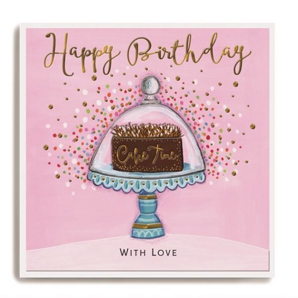 A square card with pink background with a cake in a cake stand with little dots all over the background.