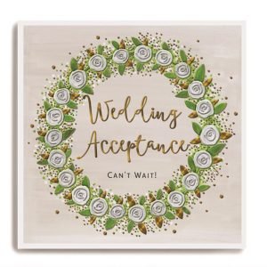 A lovely square card with a circular wreath of flowers and the words Wedding Acceptance printed in copper lettering in the centre of the wreath.