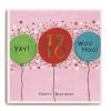 A square card with colourful balloons on and a spotty background. The number 18 is printed in copper leaf in the centre of the middle balloon.