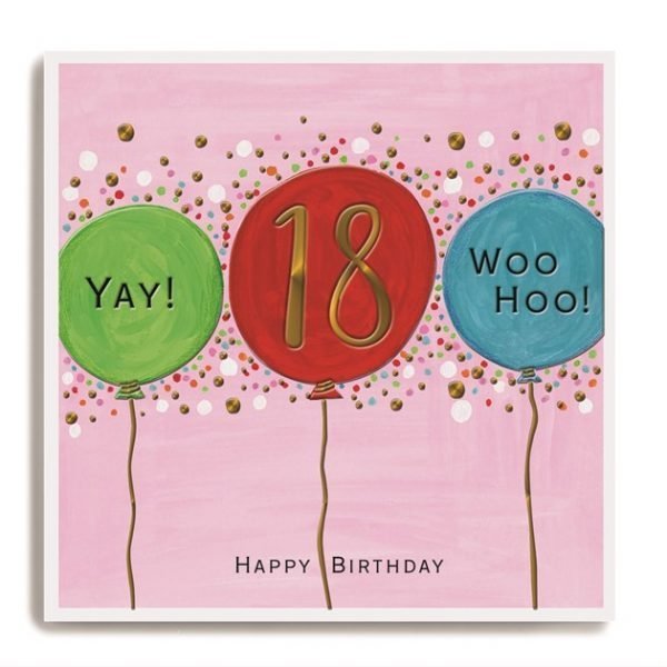 A square card with colourful balloons on and a spotty background. The number 18 is printed in copper leaf in the centre of the middle balloon.