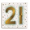 A white square card with a large gold number 21 in the centre of it. There are colourful dots all around on the background of the card.