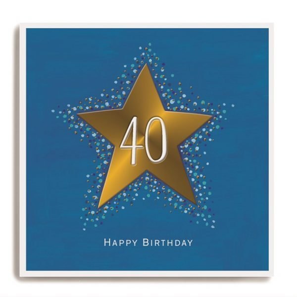 A square card with a blue background and a gold star in the centre of it. The number 40 is printed and embossed in the centre of the star.