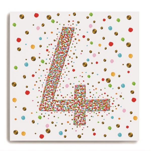 A white square card with a larg number 4 in the centre of it which is made up of colourful dots. There are colourful dots all around on the background of the card.