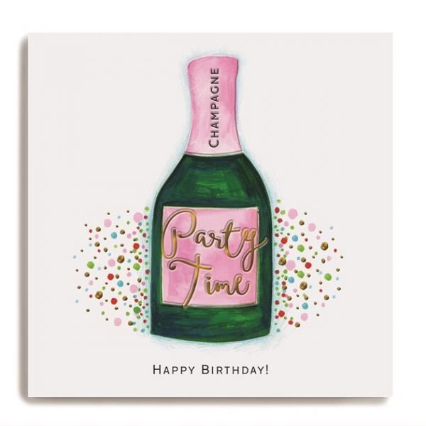A square card with an image of a bottle of champagne with the words Party Time printed in copper print in the centre of the label