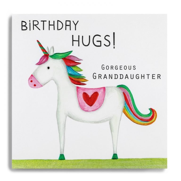 A square card with an image of a colourful unicorn printed on it and the wortds Birthday Hugs Gorgeous Granddaughter printed on it.