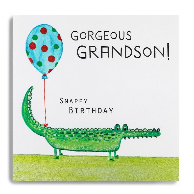 A square card with an image of a cute crocodile holding a spotty balloon with the words Gorgeous Grandson Snappy Birthday printed on it.