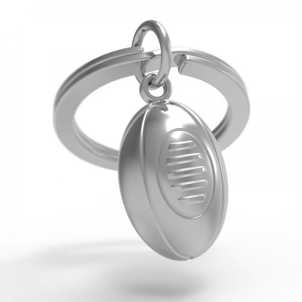 A solid zinc rugby ball on a key ring